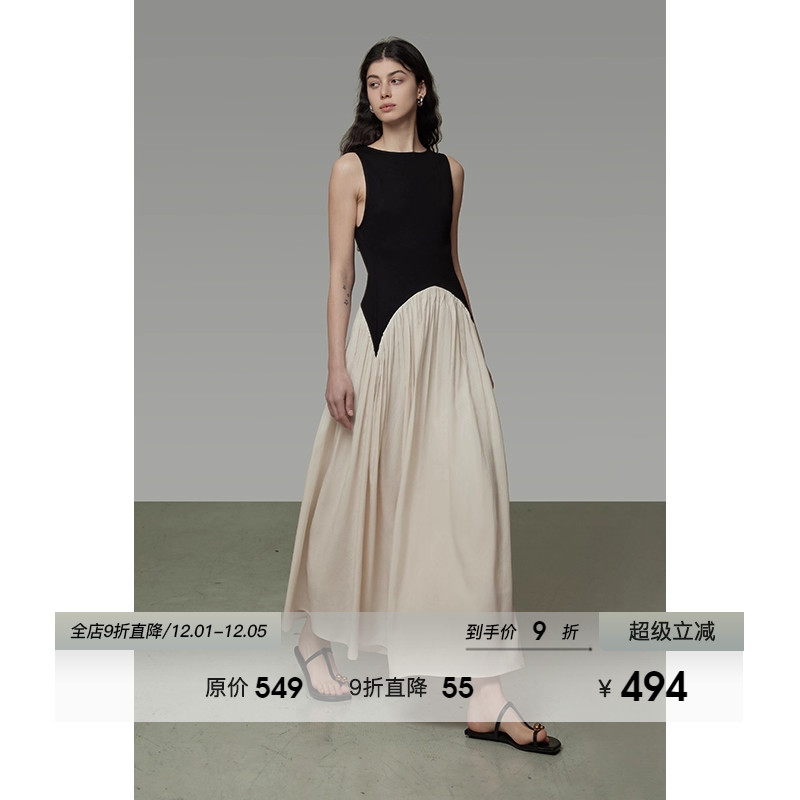 UNSPOKEN设计感撞色无袖连衣裙女2025夏季新款不规则拼接显瘦长裙