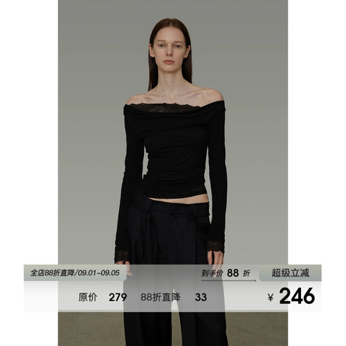 UNSPOKEN蕾丝拼接一字肩针织衫女2026秋季新款简约高级感修身上衣