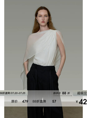 UNSPOKEN法式白色衬衫女无袖飘带独特修身斜肩显瘦设计感小众上衣
