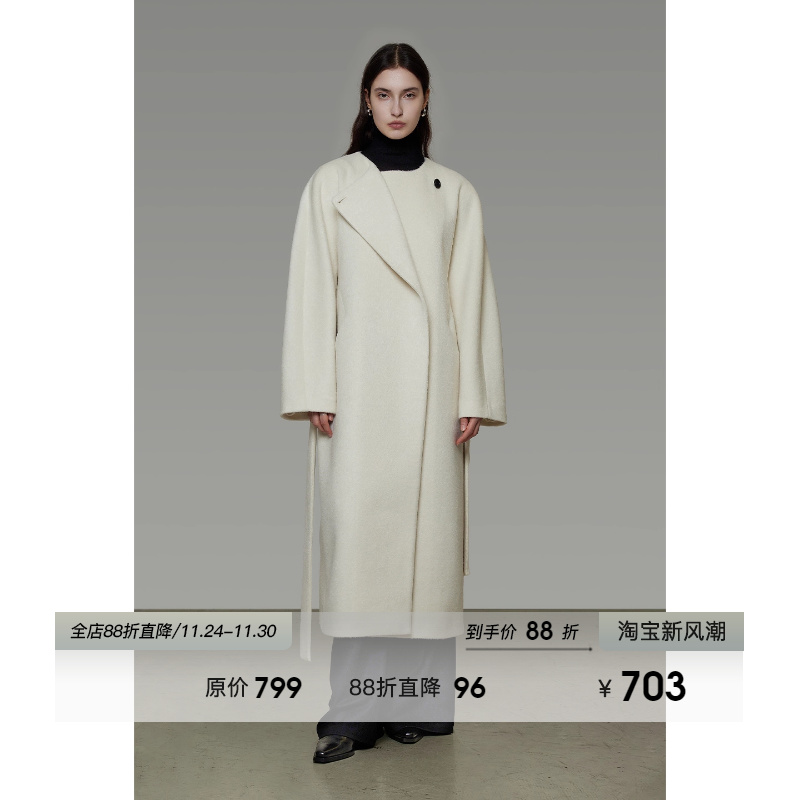 UNSPOKEN极简一粒扣系带毛呢外套女冬季气质高级感长款绵羊毛大衣