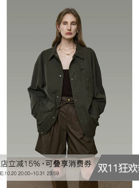 UNSPOKEN军绿色外套女复古短款翻领设计感宽松高级感质感工装夹克