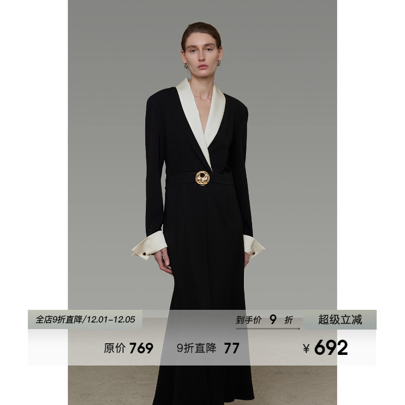 UNSPOKEN缎面拼接修身V领连衣裙