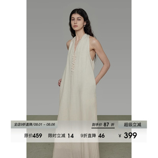 UNSPOKEN挂脖V领连衣裙女2025夏季 宽松简约设计感A字长裙 新款 无袖