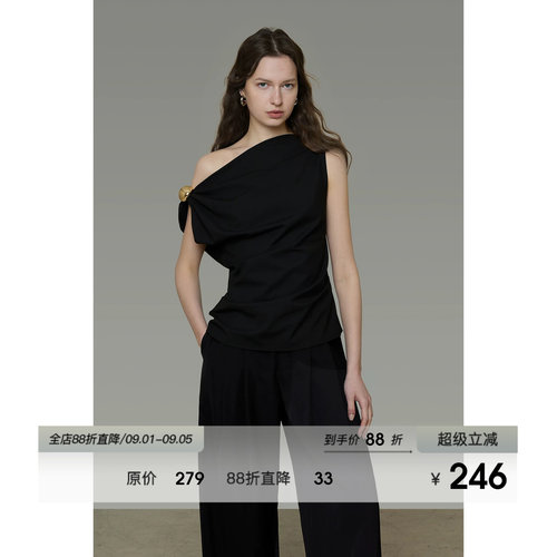 UNSPOKEN斜肩T恤女短袖修身单侧露肩设计小众高级感显瘦百搭上衣