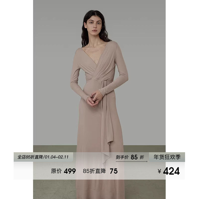 UNSPOKENV领长袖连衣裙女2026春季新款高级感收腰修身显瘦长裙子,女装/女士精品,连衣裙,淘宝优惠券,粉丝福利购,淘宝优惠卷