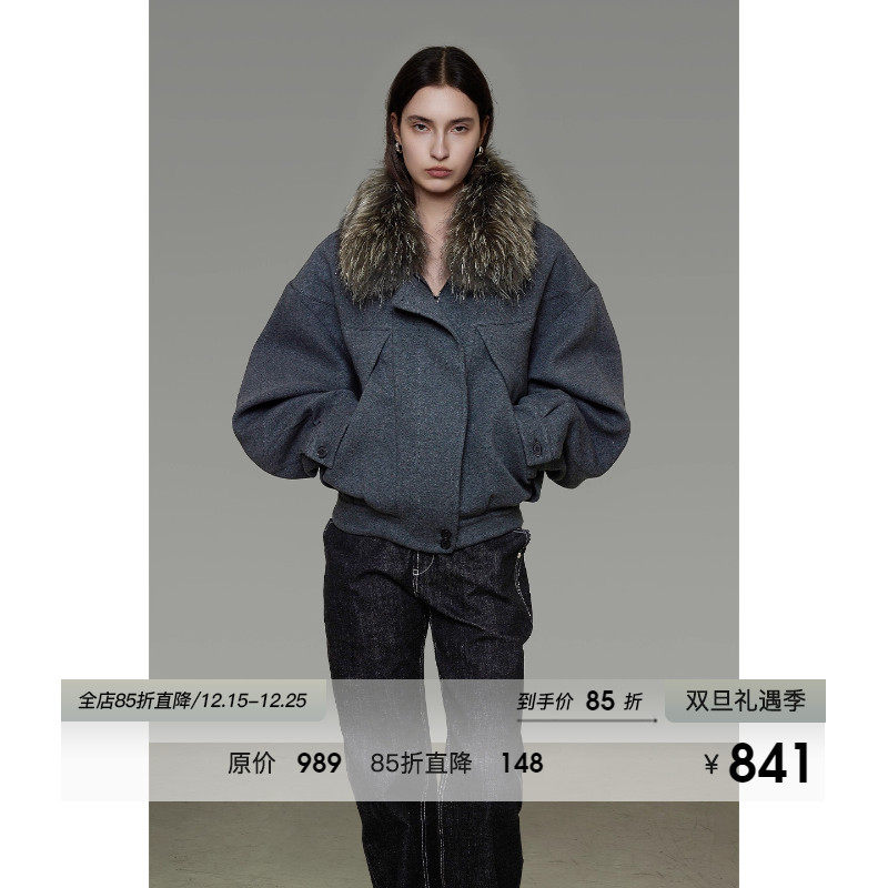 UNSPOKEN毛领短款棉服女冬季厚款小众设计感宽松显瘦防风夹棉外套