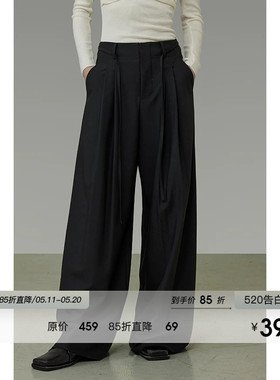UNSPOKEN黑色系带压褶阔腿裤女春季2026新款宽松高级感显瘦长裤子
