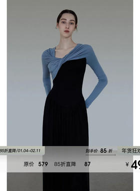 UNSPOKEN法式不对称扭结一字肩针织连衣裙女春季修身显瘦两穿长裙
