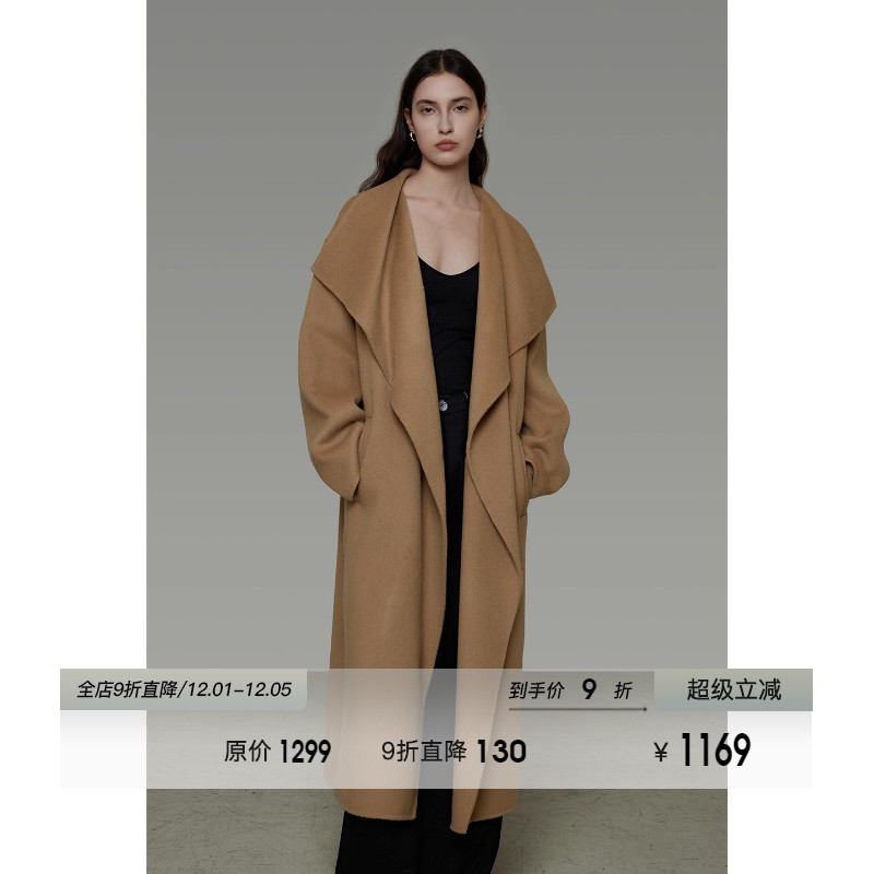 UNSPOKEN100羊毛翻领廓形长款毛呢外套2025冬季新款通勤呢子大衣