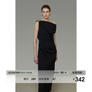UNSPOKEN法式 长裙 高级感斜肩连衣裙黑色气质金属扣小众设计感修身