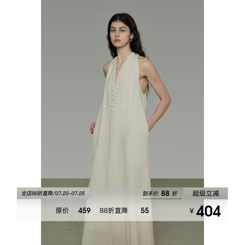 UNSPOKEN挂脖V领连衣裙女2026夏季新款无袖宽松简约设计感A字长裙