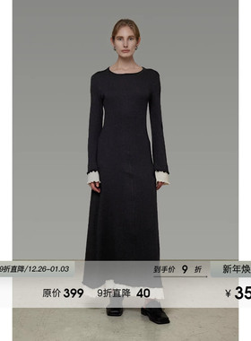 UNSPOKEN撞色喇叭袖长袖连衣裙女春季2026新款修身显瘦高级感长裙