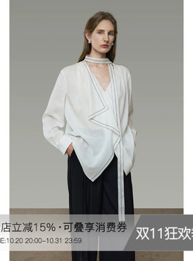 UNSPOKEN白色衬衫女长袖V领飘带高级感小众气质法式显瘦复古衬衣
