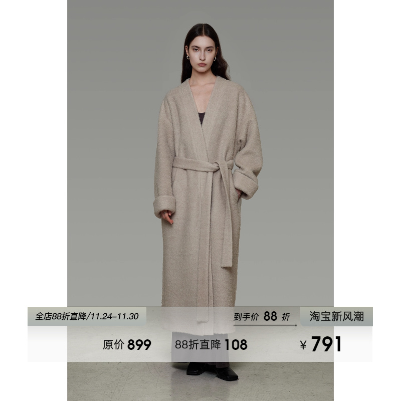 UNSPOKEN浴袍羊毛呢子大衣女冬季高级感长款系带宽松厚毛呢外套