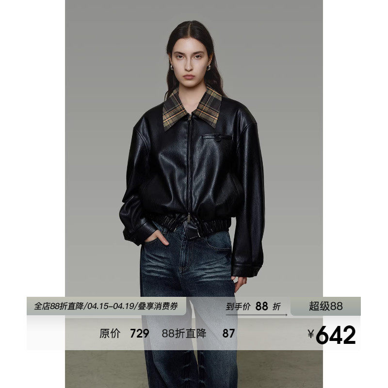 UNSPOKEN经典格纹拼接翻领皮衣外套女春季宽松设计感短款机车夹克