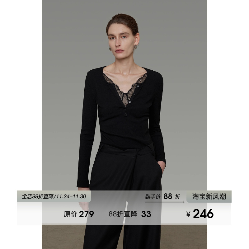 UNSPOKEN极简蕾丝V领修身针织衫