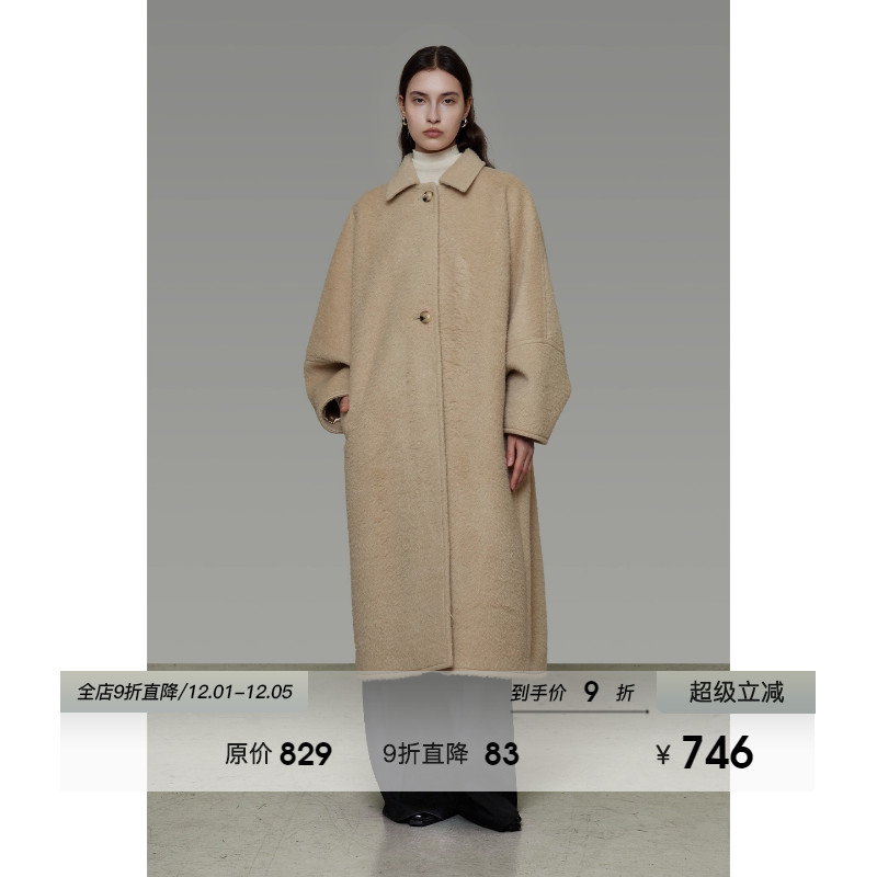 UNSPOKEN宽松茧型长款毛呢大衣女冬季2025新款小众设计感毛呢外套