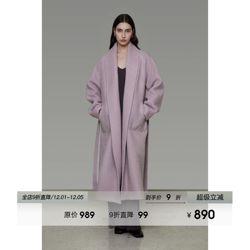 UNSPOKEN大翻领毛呢大衣女冬季2025新款慵懒松弛感长款羊毛外套