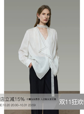 UNSPOKEN白色衬衫女长袖V领飘带高级感小众气质法式显瘦复古衬衣