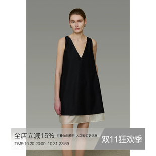 UNSPOKEN撞色无袖连衣裙V领小众设计感宽松中裙法式气质显瘦裙子