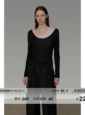 UNSPOKEN不对称撞色针织衫女2026春季新款修身显瘦两件套长袖上衣