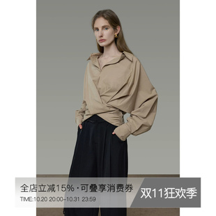 UNSPOKEN蝙蝠袖衬衫女收腰长袖交叠围裹式小众设计感气质宽松衬衣