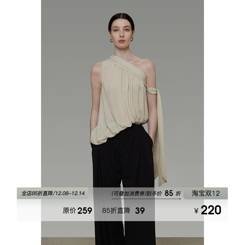 UNSPOKEN法式不规则斜肩上衣女夏季无袖外穿设计感飘带背心吊带