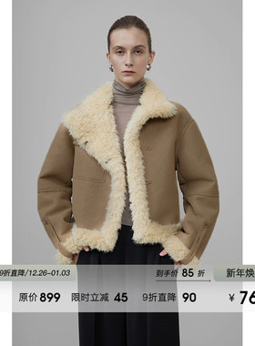 UNSPOKEN巴恩风皮毛一体外套女冬2025新款加绒加厚大翻领夹克上衣