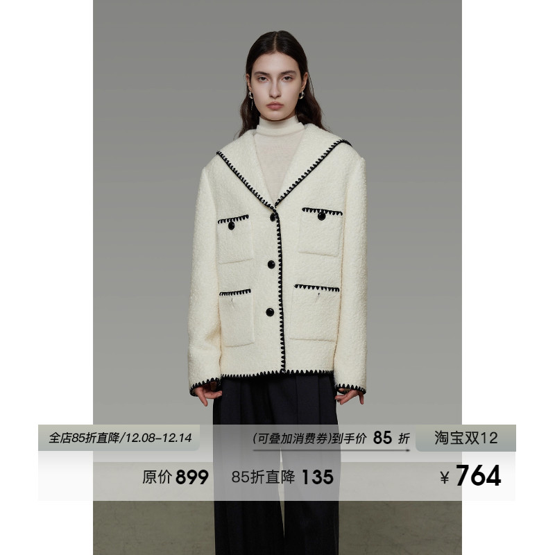 UNSPOKEN海军领羊毛外套女冬季原创设计感宽松撞色小香风呢子大衣