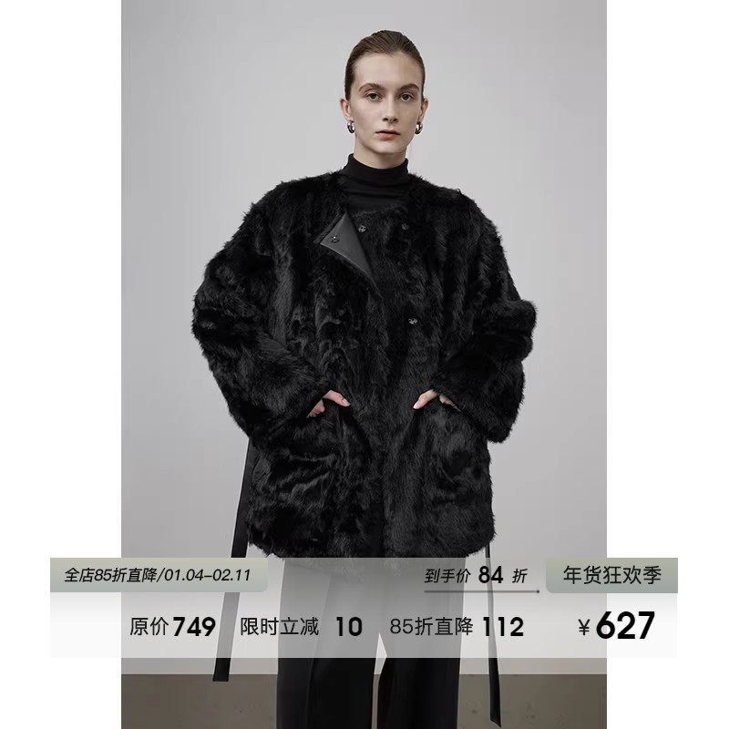 UNSPOKEN黑色皮毛一体外套女冬2025新款简约高级感中长款毛毛大衣