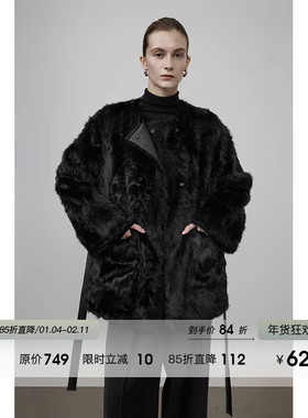 UNSPOKEN黑色皮毛一体外套女冬2025新款简约高级感中长款毛毛大衣