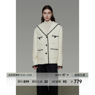 UNSPOKEN海军领羊毛外套女冬季原创设计感宽松撞色小香风呢子大衣