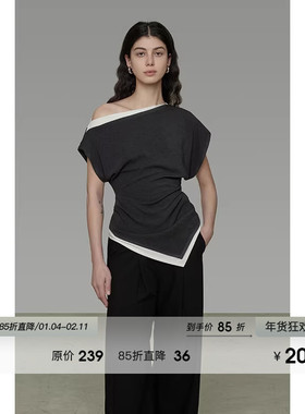 UNSPOKEN撞色斜肩针织衫女夏季2025新款不规则下摆显瘦露肩上衣