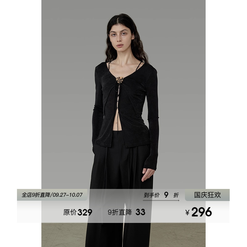 UNSPOKEN一粒扣V领针织衫女秋2025新款修身显瘦百搭设计感打底衫