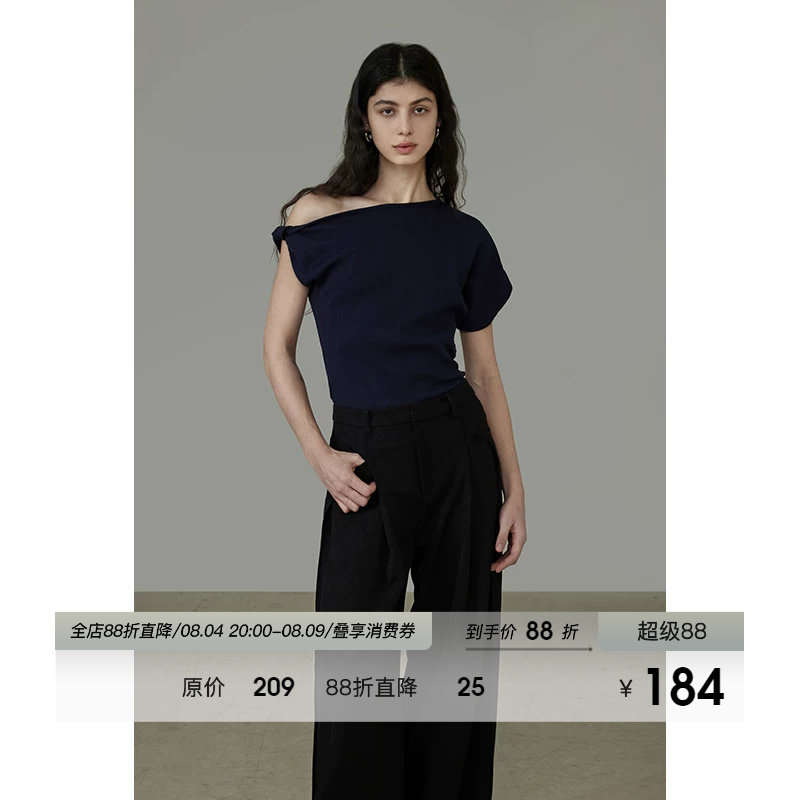 UNSPOKEN不对称斜肩T恤女露肩2026夏季新款修身显瘦高级感上衣