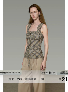 UNSPOKEN无袖格纹吊带上衣女抽绳收腰百搭气质复古小众设计感背心