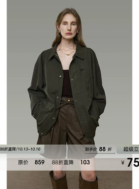 UNSPOKEN军绿色外套女复古短款翻领设计感宽松高级感质感工装夹克