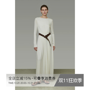 UNSPOKEN白色修身百褶长裙气质编织宽腰带简约显瘦高级感连衣裙女
