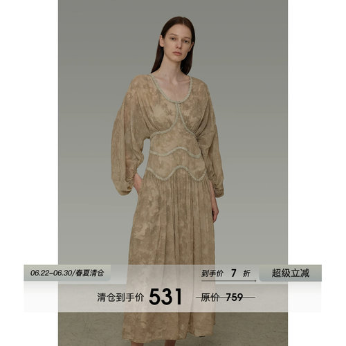 UNSPOKEN法式复古提花U领连衣裙女秋季原创设计感气质显瘦长裙子