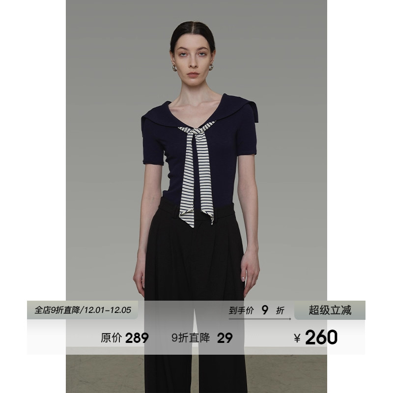 UNSPOKEN复古海军领条纹领带撞色针织短袖女2025夏季新款修身上衣
