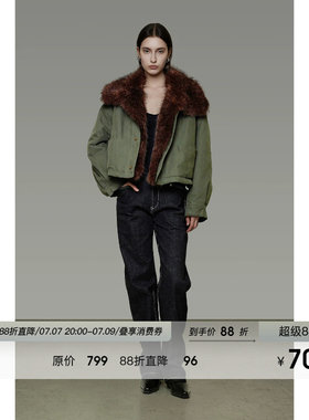 UNSPOKEN拼接毛领棉服外套冬季宽松设计感加厚短款夹克夹棉外套