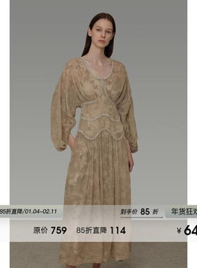 UNSPOKEN法式复古提花U领连衣裙女春季原创设计感气质显瘦长裙子