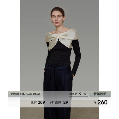 UNSPOKEN缎面拼接一字领针织衫女春季设计感显瘦气质高级感上衣