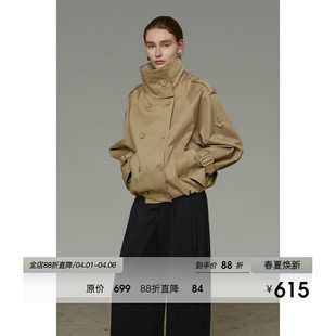 UNSPOKEN翻领风衣女短款 垂感双排扣高级感百搭显瘦设计感外套 法式