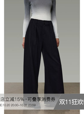 UNSPOKEN黑色阔腿裤女压褶宽松垂坠感高腰百搭宽松长裤气质西装裤