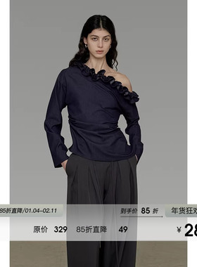 UNSPOKEN花边领斜肩衬衫女2026春季新款修身显瘦慵懒高级感上衣