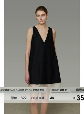 UNSPOKEN撞色无袖连衣裙V领小众设计感宽松中裙法式气质显瘦裙子