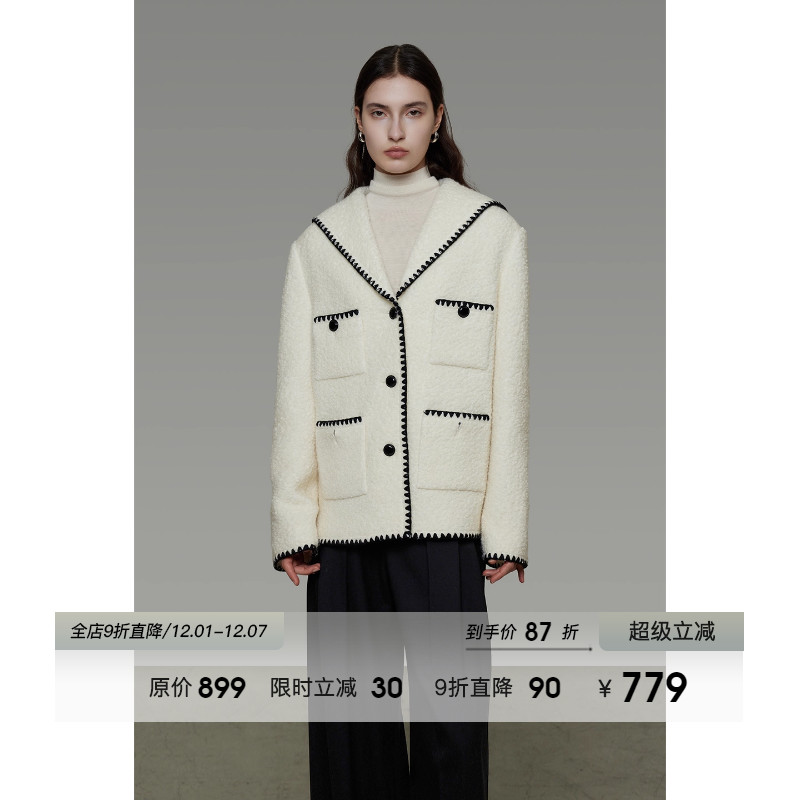 UNSPOKEN海军领羊毛外套女冬季原创设计感宽松撞色小香风呢子大衣