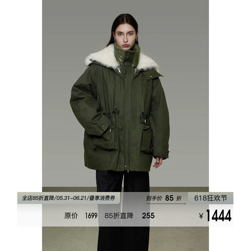 UNSPOKEN大毛领立领抽绳羽绒服冬季宽松廓形设计感多口袋厚款外套