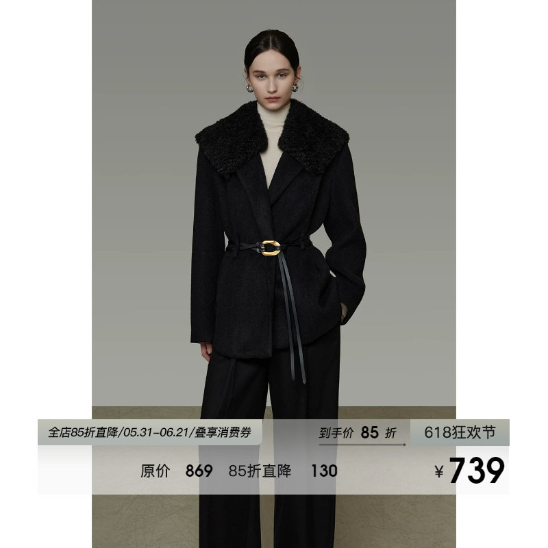 UNSPOKEN拼接毛领系带毛呢外套女冬季2025新款低调高级中长款大衣